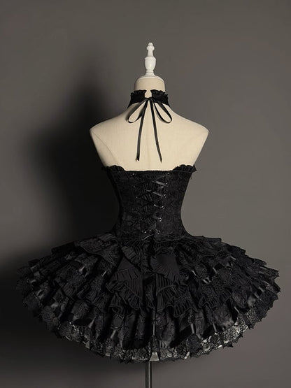 Strappy Skirt Black Heart Buckle Kuro Gothic Lolita Ruffles Tiered