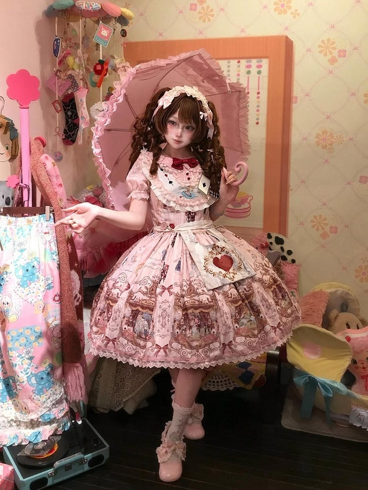 Rose Alice in Wonderland Theme Print Polka-dot Collar Sweet Gown - Forest Fairy Tales