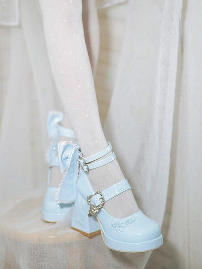 Lace-trimmed Jane High-heel at Shoes Bow Back with Lolita Blue Polished Elegant Mary