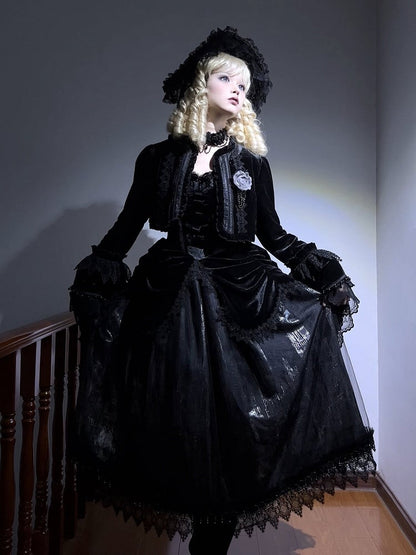 and Gothic Cathedral Waist Drapery JSK Dress Lolita with Velvet Black Print