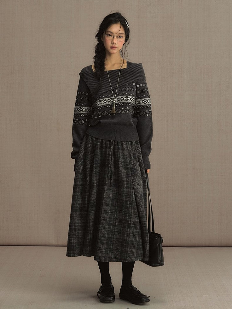Gray Elastic Waist Tweed Plaid Tea Length Skirt