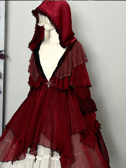 Red Gothic Lolita Ruffle Trim Hooded Top