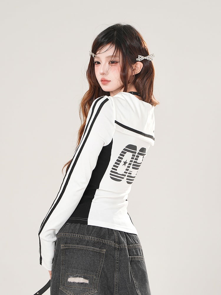 Sailor Block Graphic Top Collar Long Sleeve Prints White/Black with Color and