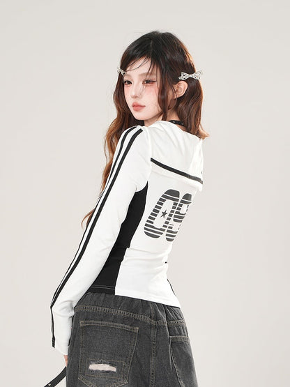 Sailor Block Graphic Top Collar Long Sleeve Prints White/Black with Color and