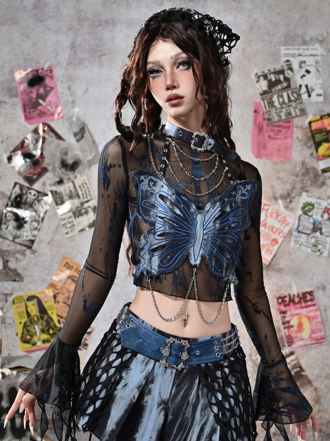 Grunge Punk Rock Fairycore Blau und Schwarz Glockenärmel Mesh Top