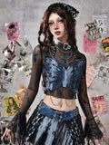 Grunge Punk Rock Fairycore Blau Tie Dye Schmetterling Neckholder Top Nieten