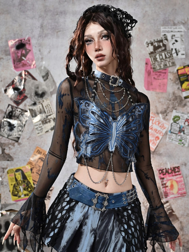 Mesh Bell Grunge and Fairycore Black Rock Punk Blue Sleeves Top