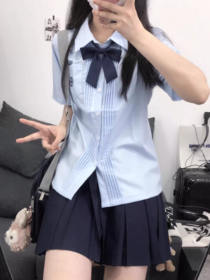 Pleating Style Embroidery Floral Details Sleeves White/Blue Short Preppy Version Shirt