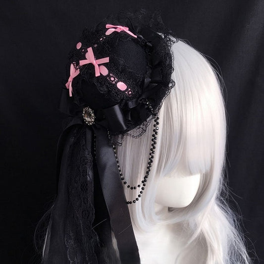 Bowknot Hat Chain Lace Trim With Mini Beaded Black