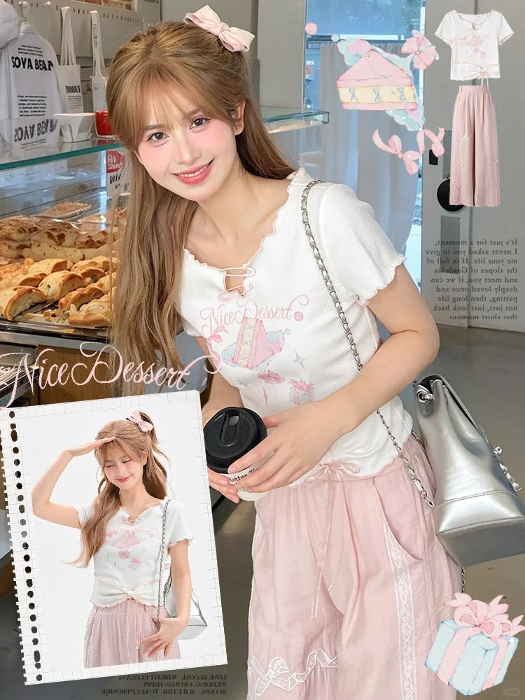 Sweet T-Shirt Big Hem Lettuce Hem White Cake Print Neckline Pins Bow