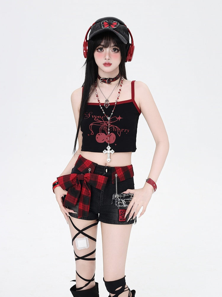 赤いデニムショートパンツ チェック柄 蝶結び 黒 グラマラス