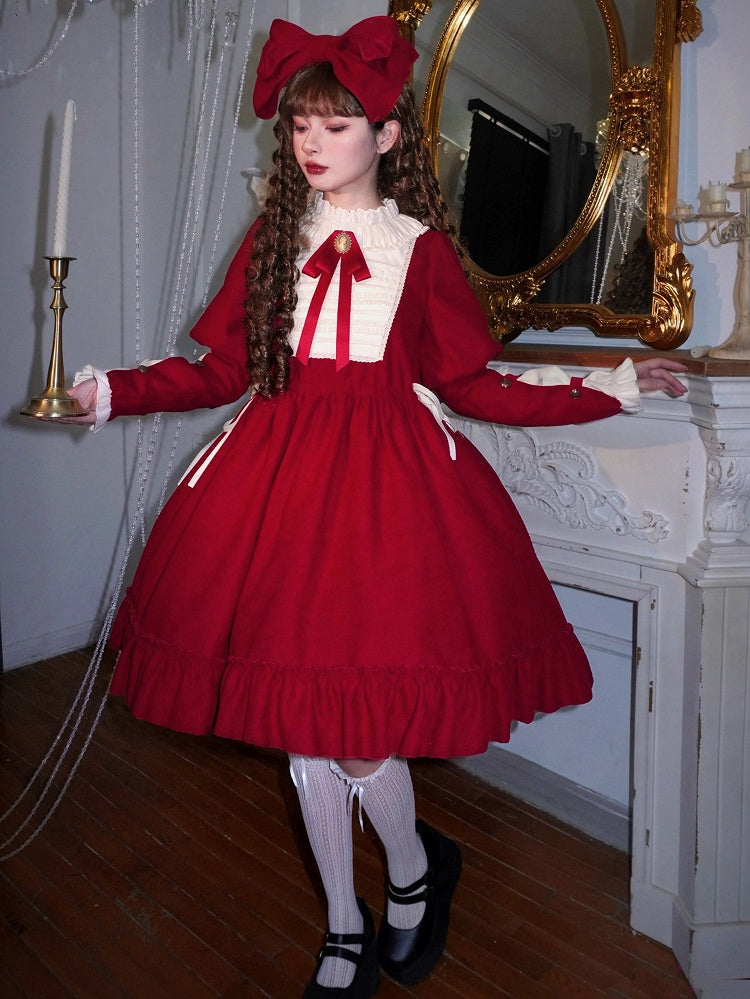 Waist Drawstring Brooch Sleeves and Red Bow Beige Juliette Dress with Lolita Version Short