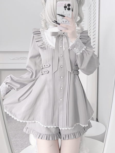 Matching Gray Kei + Bow Set Shorts Lace Long-Sleeve Light Dress Jirai Ruffle