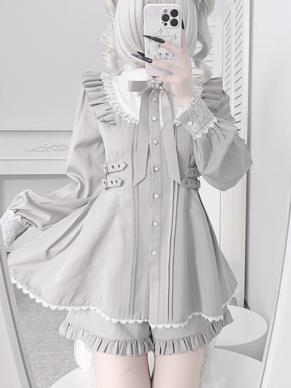 Matching Gray Kei + Bow Set Shorts Lace Long-Sleeve Light Dress Jirai Ruffle