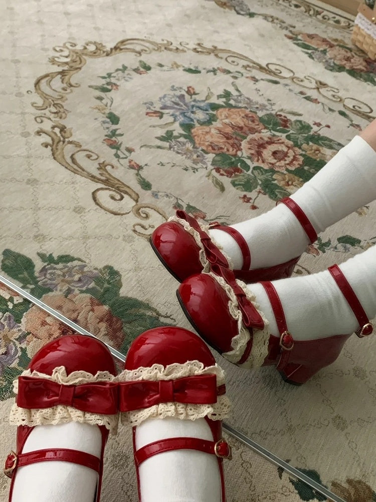 Bow Lolita for with Heels Sweet - Lace Red Low Heart and Trim Buckle Jane Apple Mary Details