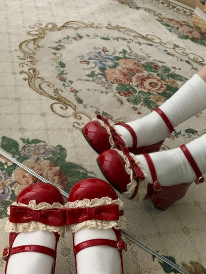 Bow Lolita for with Heels Sweet - Lace Red Low Heart and Trim Buckle Jane Apple Mary Details