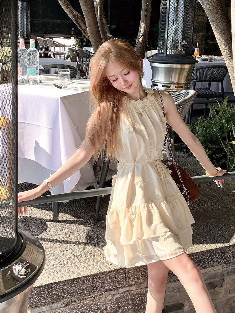 Milk Yellow Halter Dress with Floral Accents - Qchiwawameme