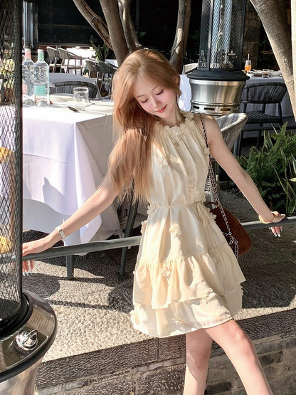 Milk Yellow Halter Dress with Floral Accents - Qchiwawameme