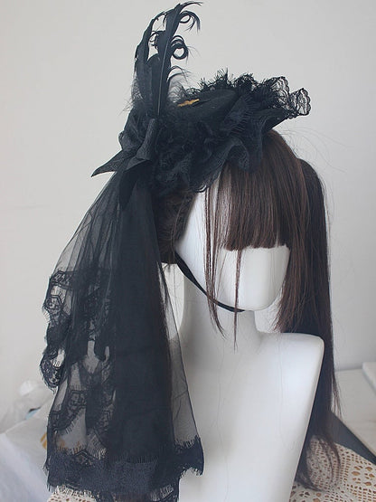 Hat with Black / Veil Mini Lolita White Flat
