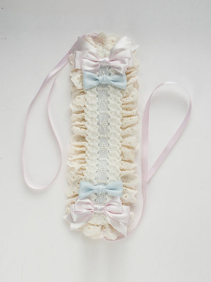 Sweet Lolita Blue and Pink Bows Ruffled Lace Trim Hairband