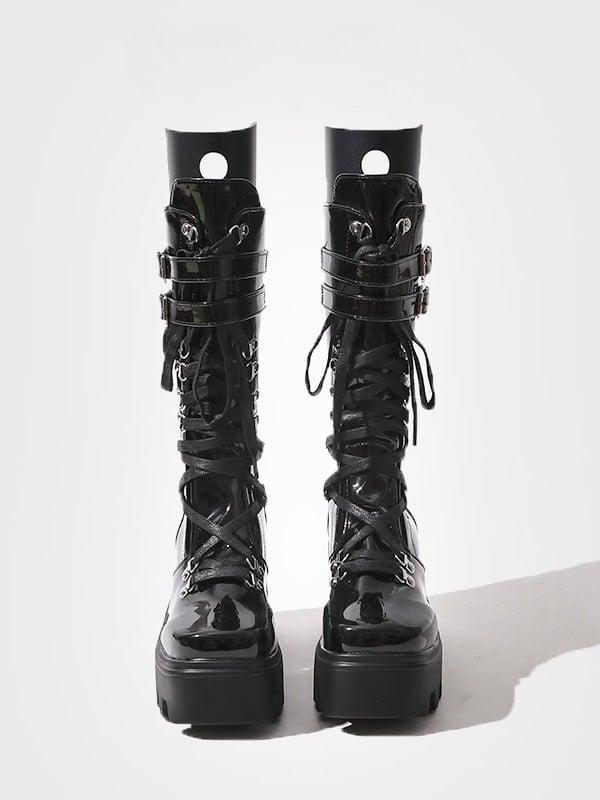 Black Mid-Calf Lace-Up Tongue - Straps Boots Gothic with Design Buckle Chunky Cutout Circle