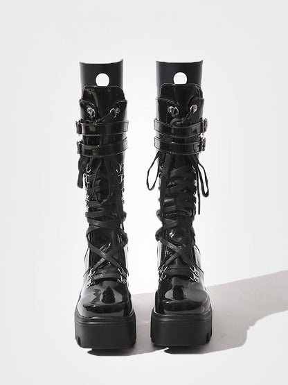 Black Mid-Calf Lace-Up Tongue - Straps Boots Gothic with Design Buckle Chunky Cutout Circle