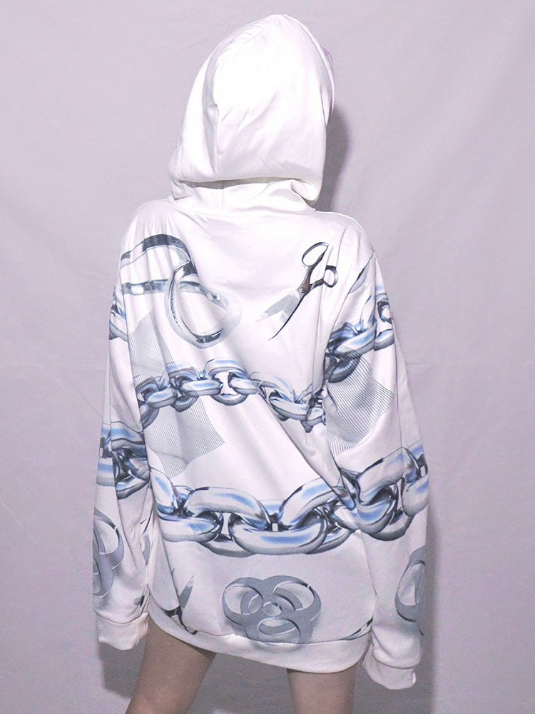 パーカーとサイバーパンクなシザーのホワイトプリントチェーン