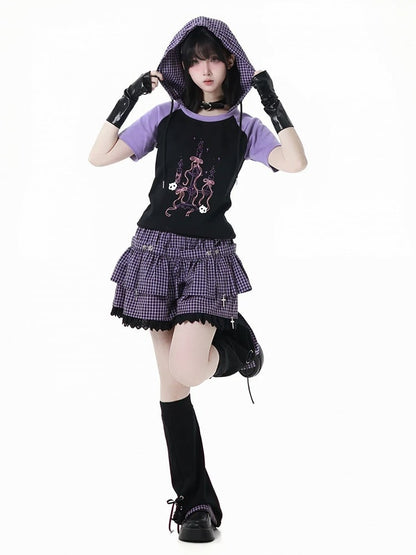 Plaid Hood Graphic T-Shirt Black  Purple Colorblock Design