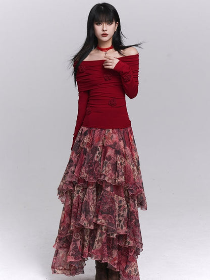 Top Long Floral with Christmas Sleeves Off-the-shoulder Neckline Red Design