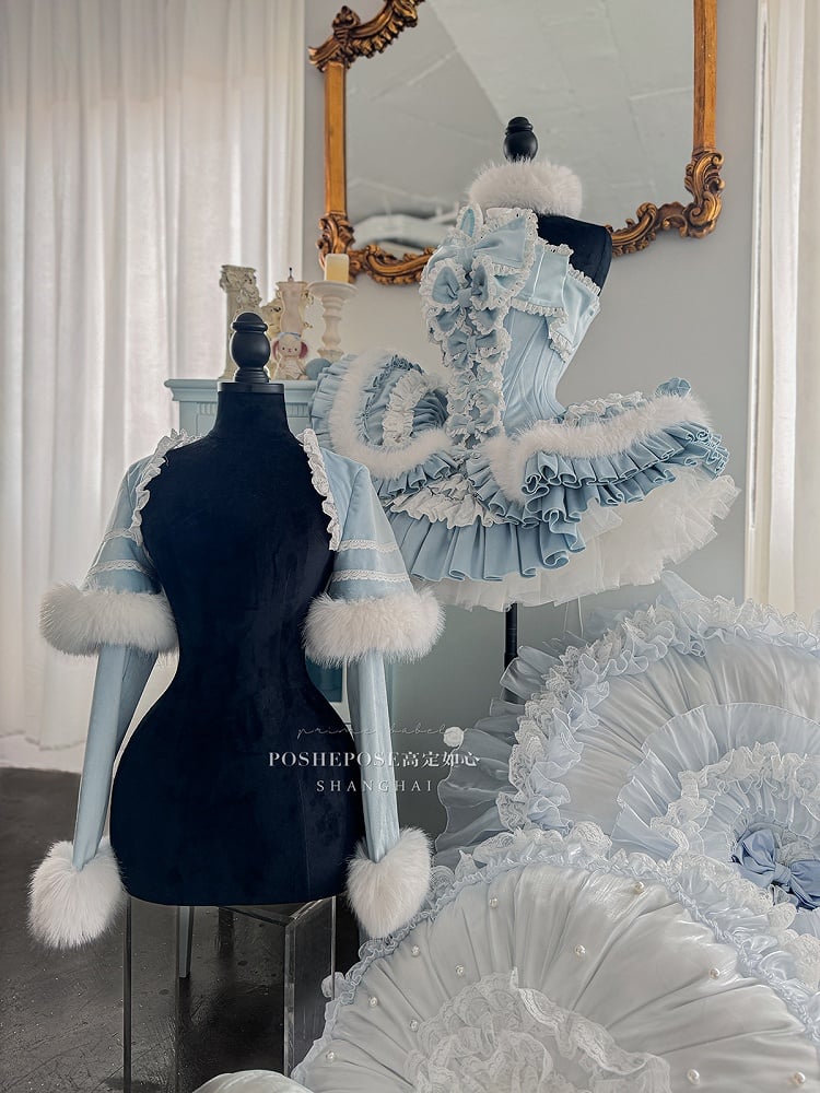 Blue Bunny Ears Bowknot Bodice Layered Skirt Boning Dress + Cropped Cape Top Set