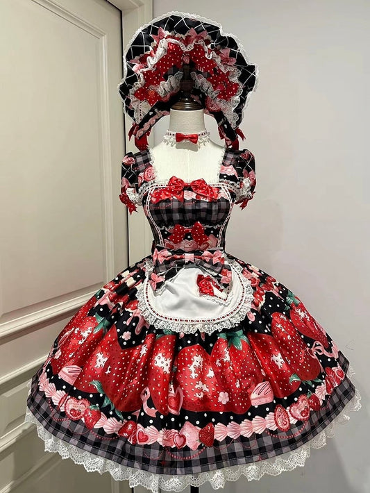 XXL-Büstenschürze mit Karomuster für 96–111 cm, Muster: Schwarz, Erdbeere, süßes Kleid, Ausverkaufsgröße, Sommer und Lolita