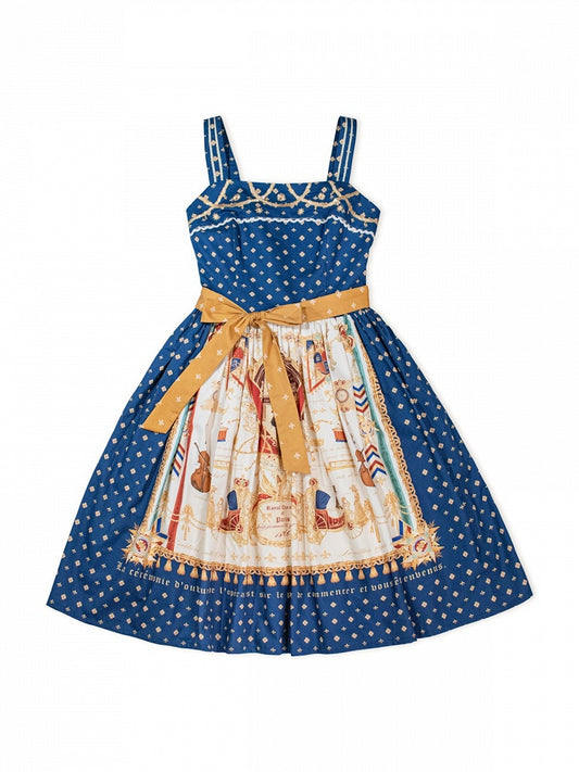 Dark Blue Musical Print Elegant Lolita Jumper Skirt - Crucis Universal Tailor Company