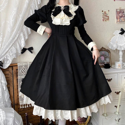 Schwarz-beiges Juliette-Ärmel-Dienstmädchen-Lolita-Set + Schürze