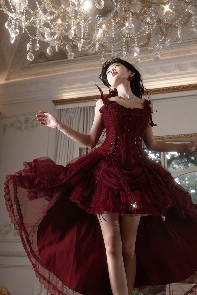 Red Classic Lolita Corset Top with Layered Tulle Skirt - Caramelantike
