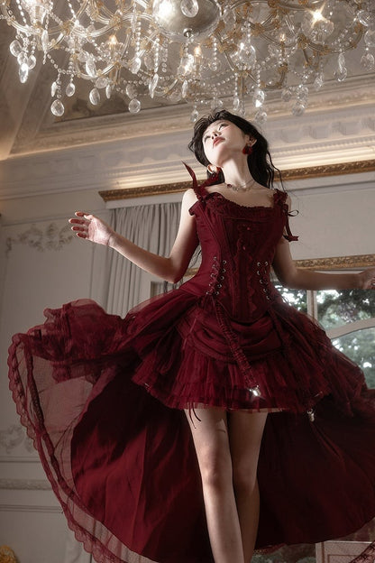 Red Classic Lolita Corset Top with Layered Tulle Skirt - Caramelantike