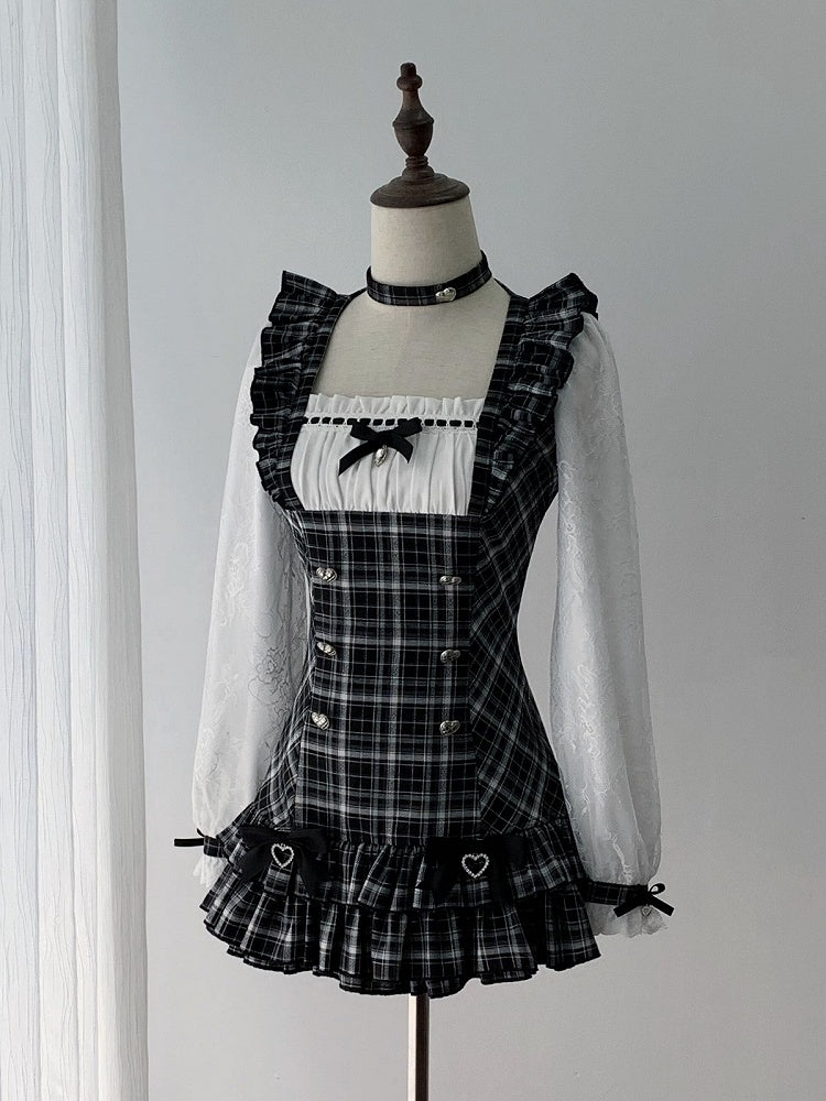 Jirai Kei Two-Piece Set: Plaid Square-Neck Long-Sleeve Dress & Ruffle Shorts - Ekomi