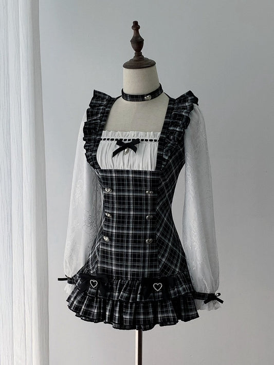 Jirai Kei Two-Piece Set: Plaid Square-Neck Long-Sleeve Dress & Ruffle Shorts - Ekomi