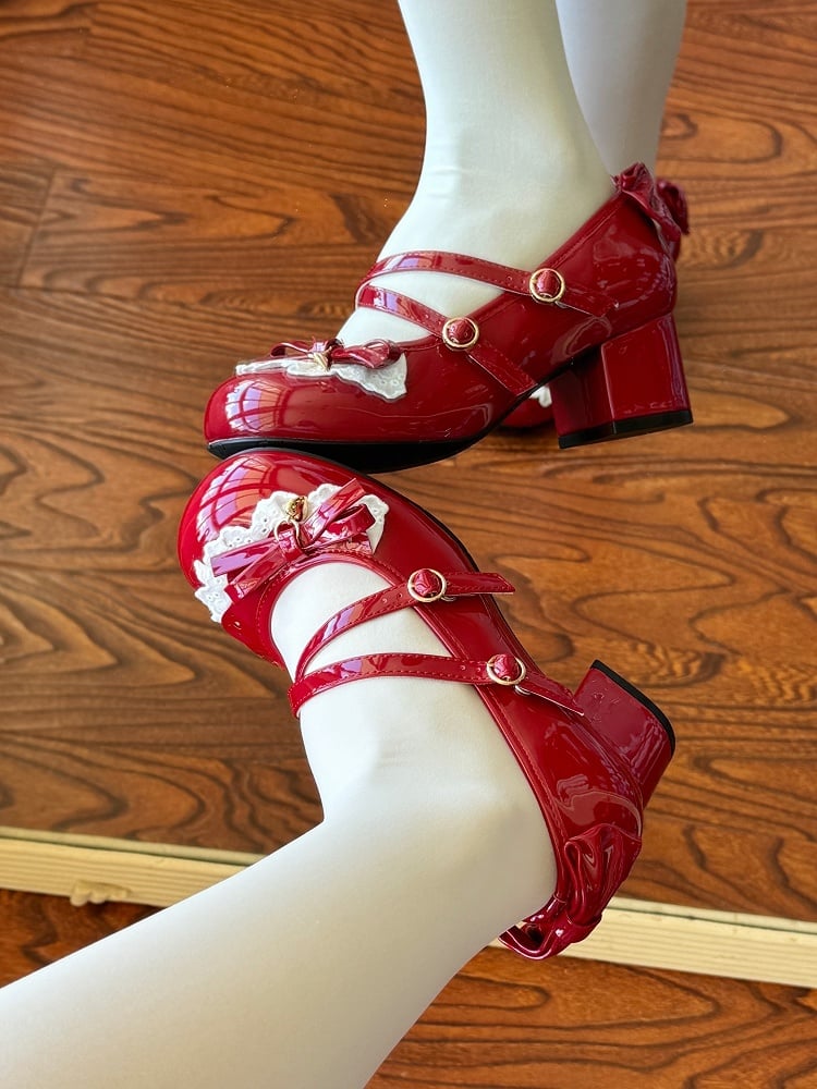 - Heart Bow Lace Janes on Red Details Heeled Lolita Mary Charm 5cm Sweet