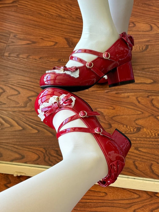 - Heart Bow Lace Janes on Red Details Heeled Lolita Mary Charm 5cm Sweet