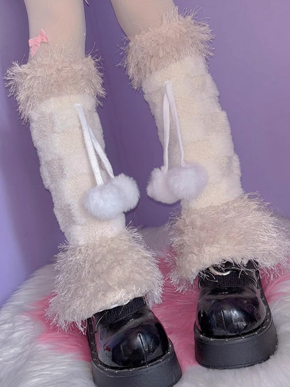 Style Charms Plush Leg Beige Y2K Pompon Warmers