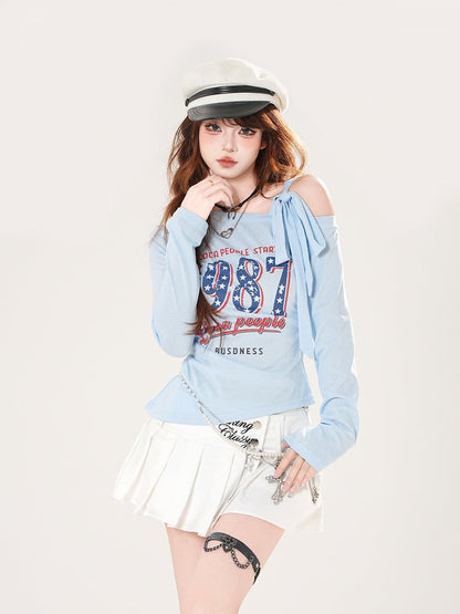 アシンメトリーネックライントップス ヴィンテージナンバープリント ブルー/ホワイト/ブラック