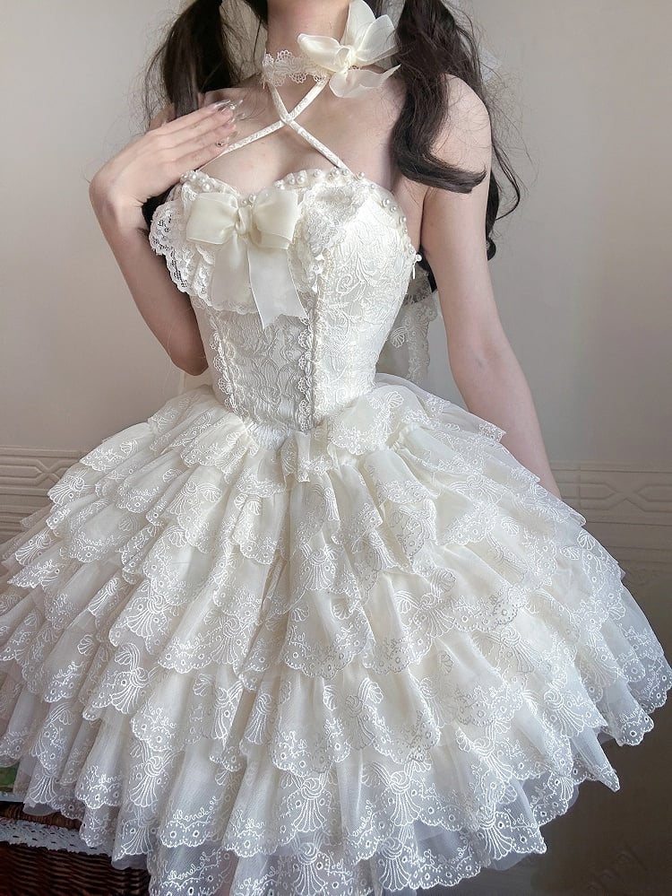 Cremiges Lolita-Kleid mit Jakobsmuschel-Rockbesatz, bestickt, Prinzessinnenkleid, gestuft