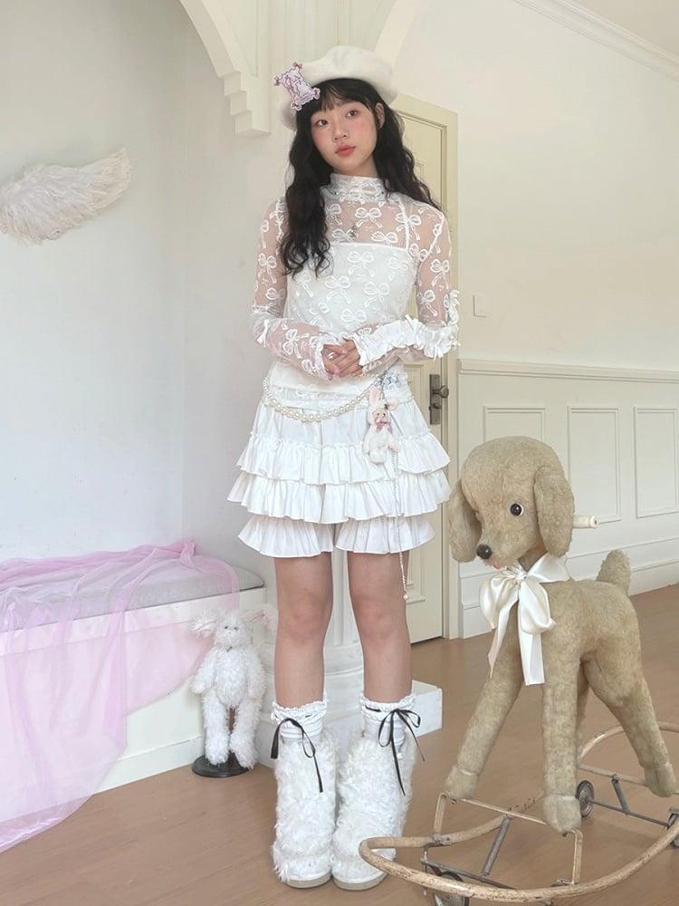 Jacquard Semi-Sheer White Bowknot Long Sleeve Top with Double Edge Ruffle