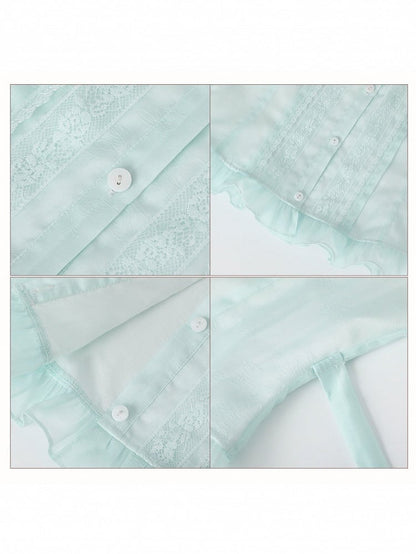 Sweet Green Fitted Waist Peter Pan Collar Floral Embroidery Blouse with Ruffle - Yimu Walnut