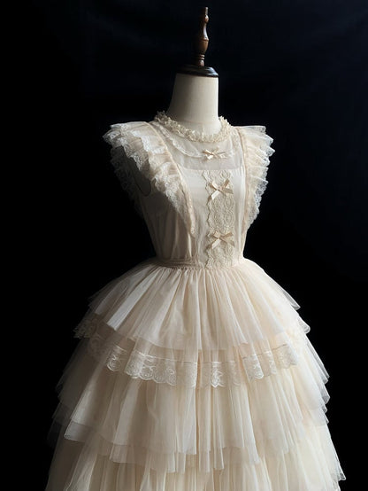 Beige OP Skirt Tulle Dress Lolita Sleeves Tiered Round Flutter Neck Ruffle