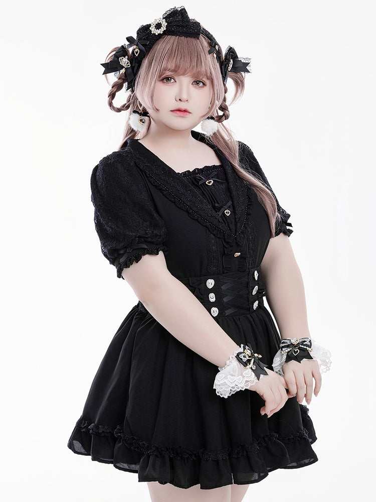 Jirai Kei Sailor Collar Black Rhinestone Short Sleeves Blouse Sweetheart Bowknot and Decorations