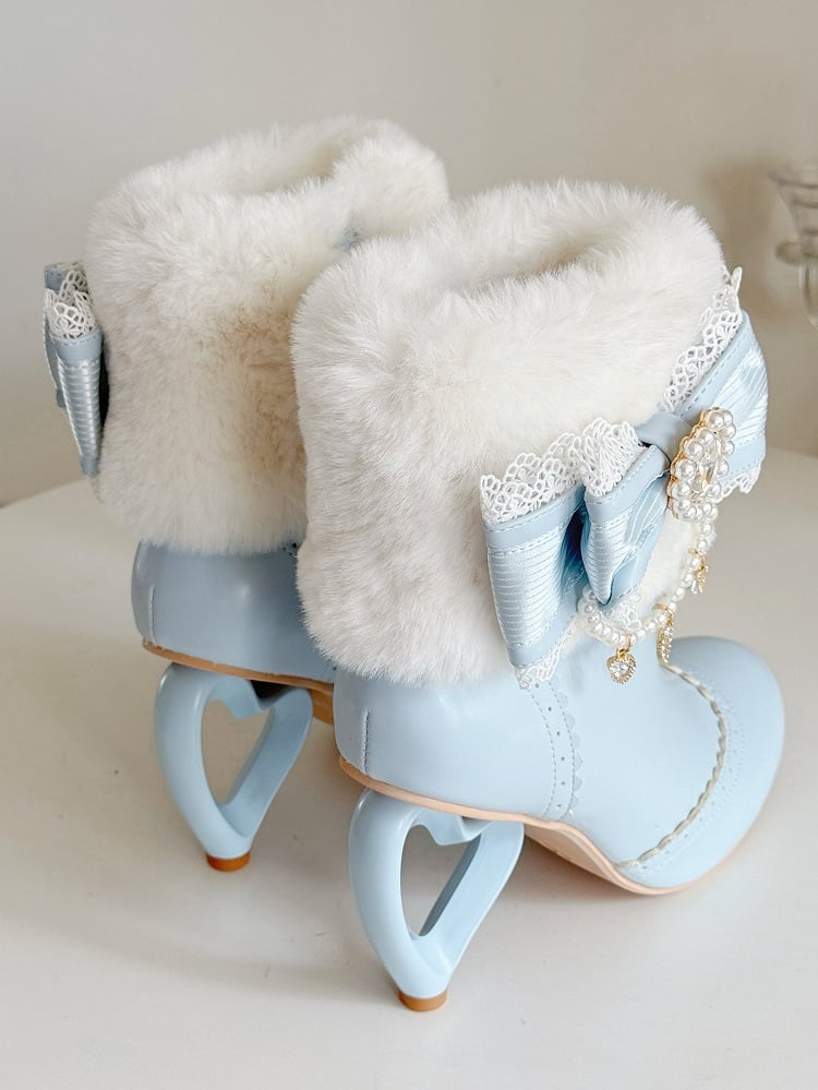 Süße Lederstiefel mit Absatz in Blau mit Schleife aus PU-Strass - ein Herz mit Perlen