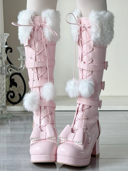 Multi-Closure Boots Pompom PU Plush Laces Sakura - System with Pink Collar Elegant Lolita Knee-High