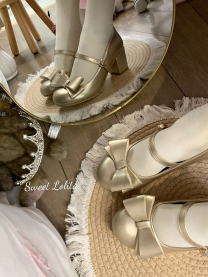 Golden Sweet Lolita Mary Janes - 5cm Heeled Bow Shoes