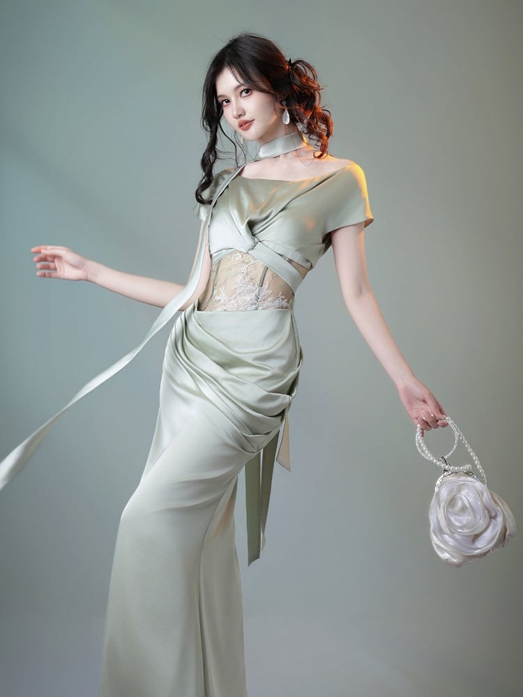 Green Satin Fish Tail Dress with Self-Tie Strap and Lace Waist - sijinstudio